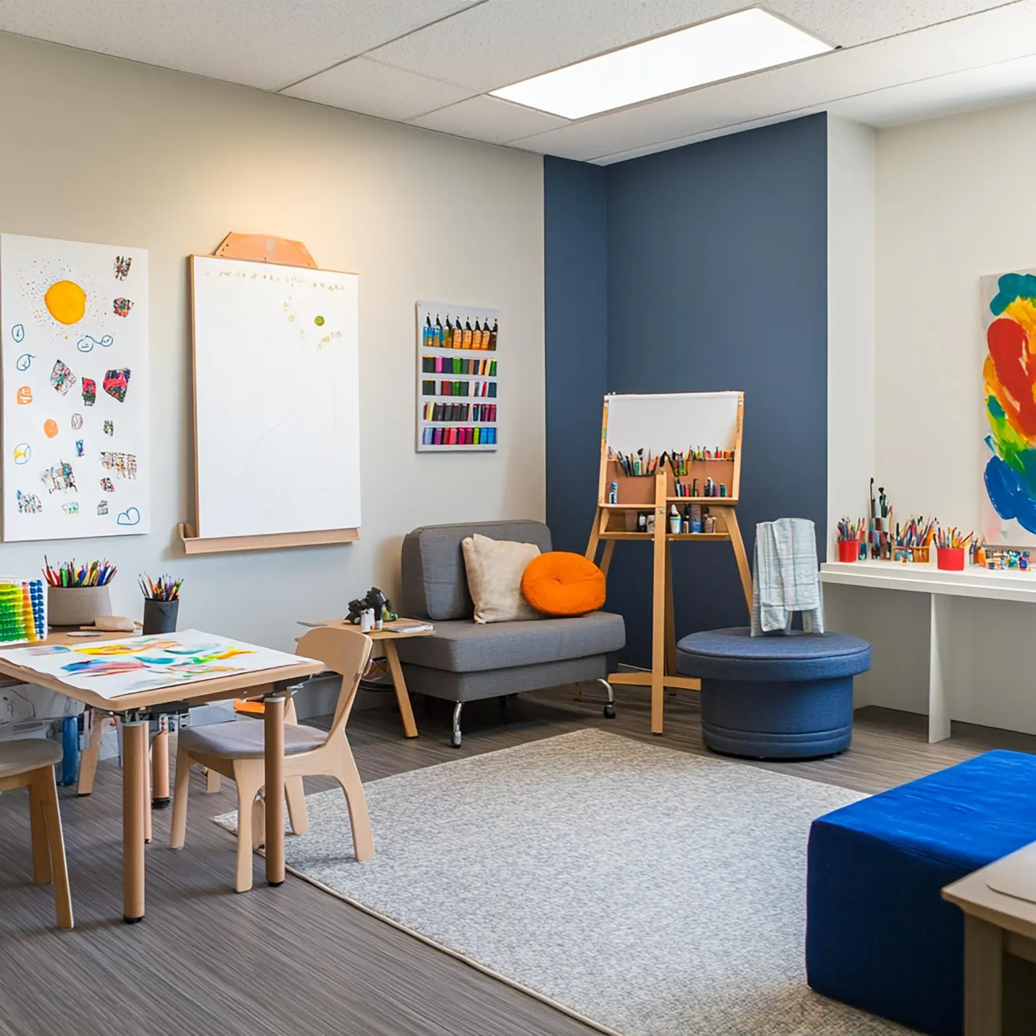 Therapieraum mit Maltisch, Staffelei und Sitzecke für Kinder